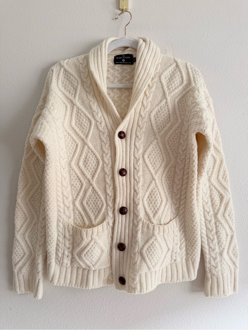 The Irish Store Aran 100% Merino Wool Shawl ‎Neck cream Ca‎rdigan mens sz M